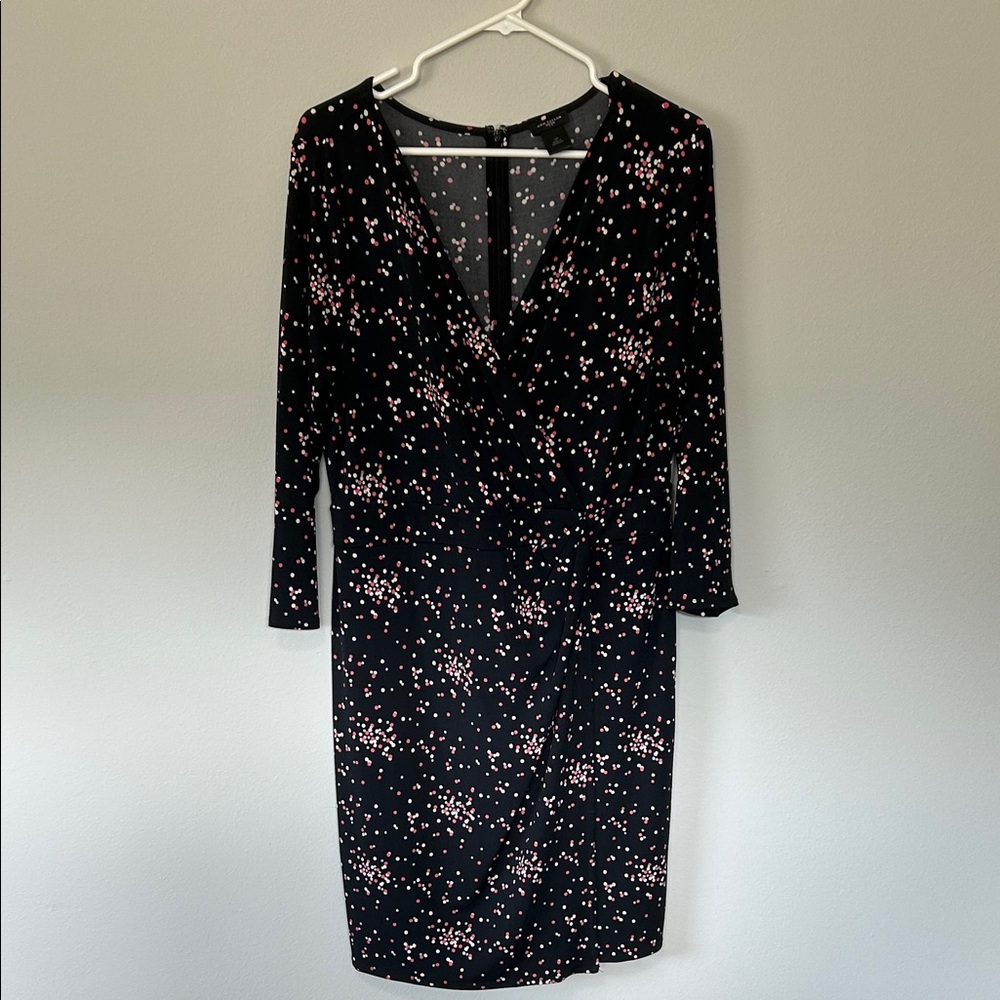 Ann Taylor Black Long-Sleeve V-Neck Dress with Pink Dot Print